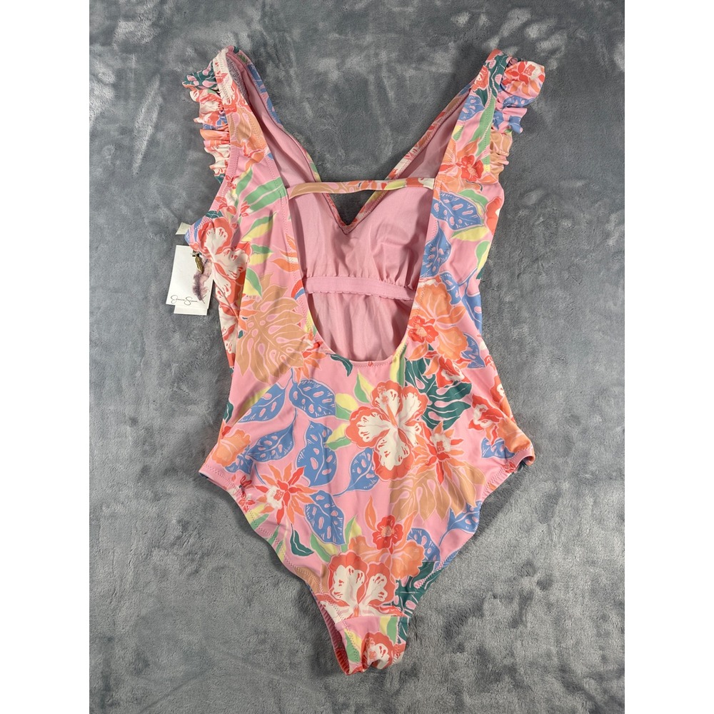 Jessica Simpson Womens Tropical Floral Ruffle One Piece Swimsuit Pink Large NWT - Picture 4 of 4
